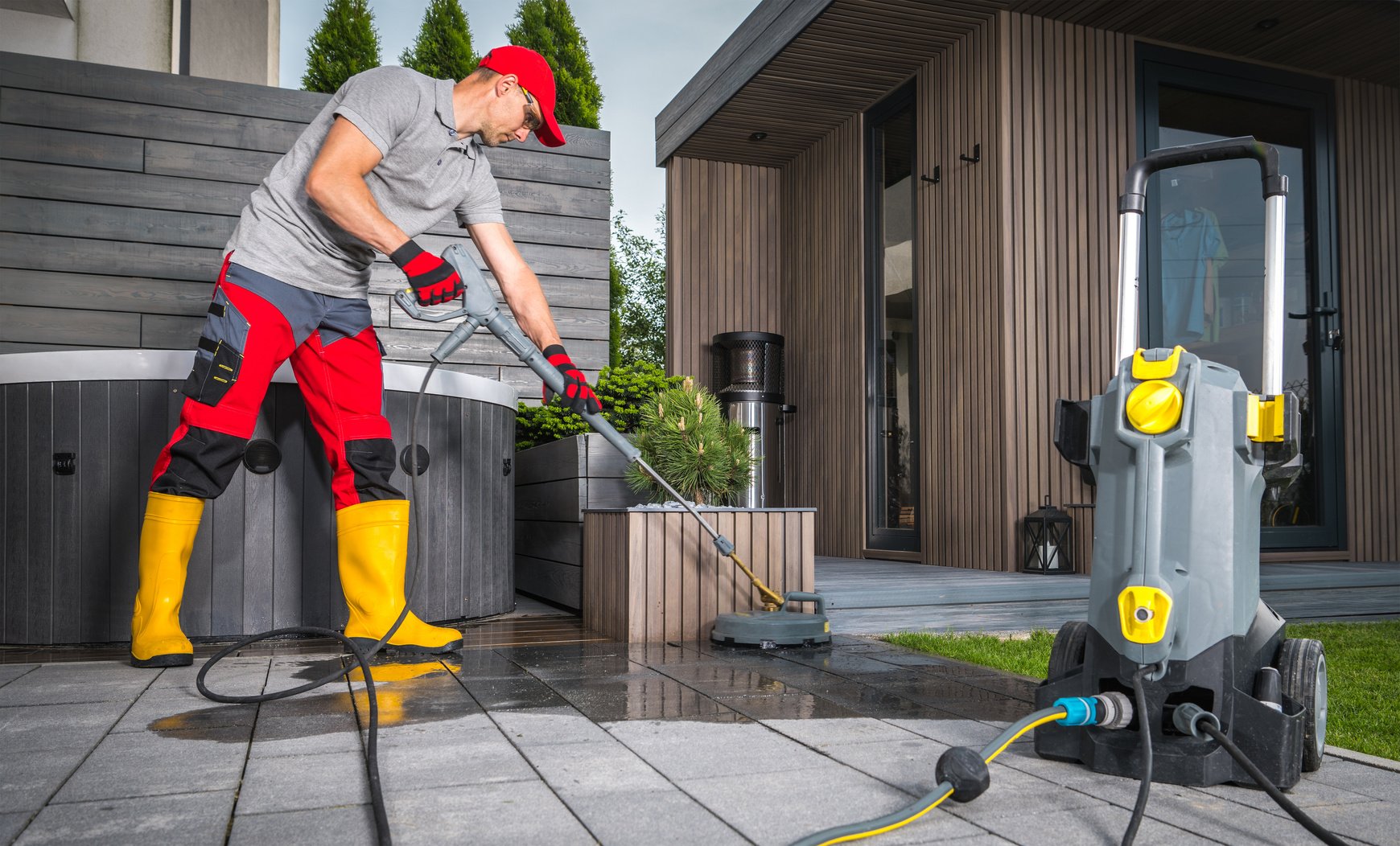 Worker Power Washing Patio Concrete Bricks Using Pressure Washer